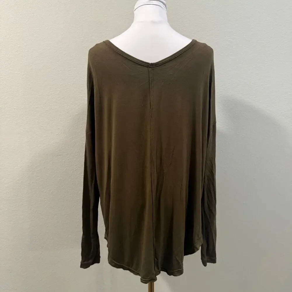 Free People Olive Green Moonshine V Neck Long Sleeve Tunic Top Oversized XS